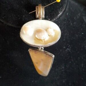 J. Yates Sterling Silver 18K Mother Of Pearl Gem Handmade Pendant Brooch